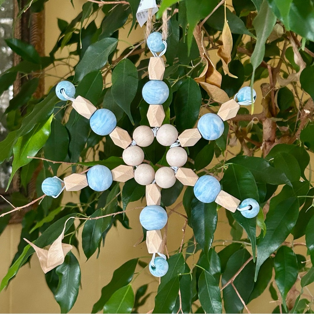 Wooden Bead Star Ornament with Blue Accents NWT Brighten The Season